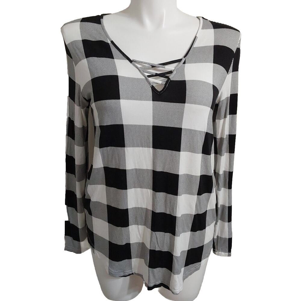 *NEW* Feiersi XLarge Black & White Checked Long Sleeve V-neck Blouse #17y32